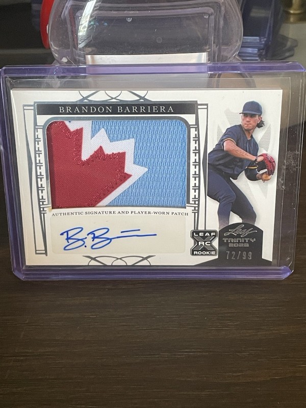 Brandon Barriera 2022 Leaf Trinity Patch Auto Rookie Card /99 Blue Jays