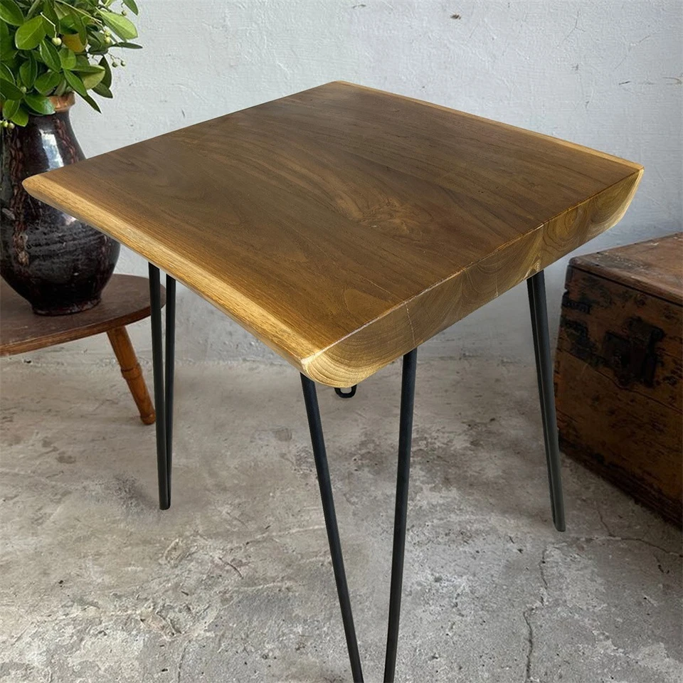 Natural Teak Wood Square End Side Table with Hairpin Legs 20.9" H Home Decor - Image 4 of 4