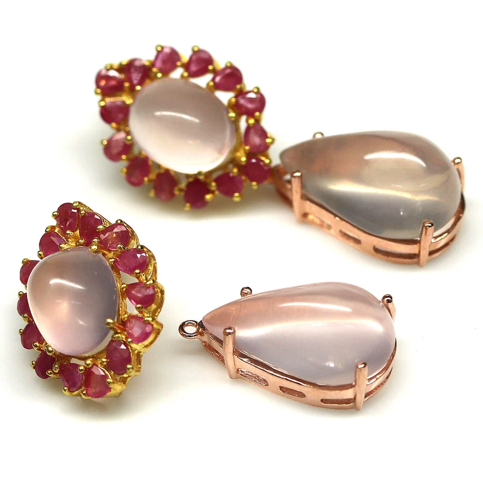 925 Sterling Silver 13 x 23 mm. Pink Rose Quartz & Red Ruby Earrings  - Image 2 of 4