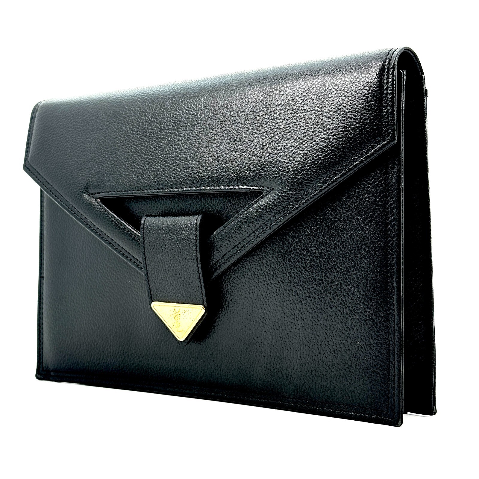 Pochette busta vintage YSL Yves Saint Laurent pelle nera triangolo oro