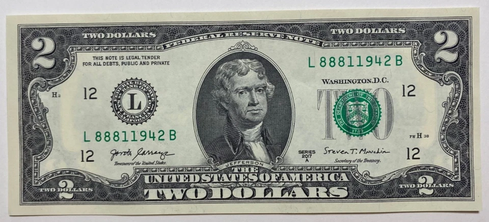 Billete de dos dólares de 1 de agosto de 1942: L 88811942 B (__8/1/1942) *UNC* Foto 2 de 3