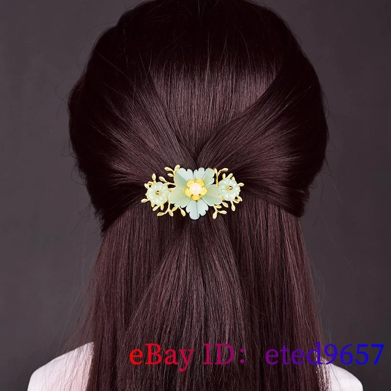 Green Jade Flower Barrette Jewelry Natural Luxury 925 Silver Hairpin Hair Clip - Image 2 of 4