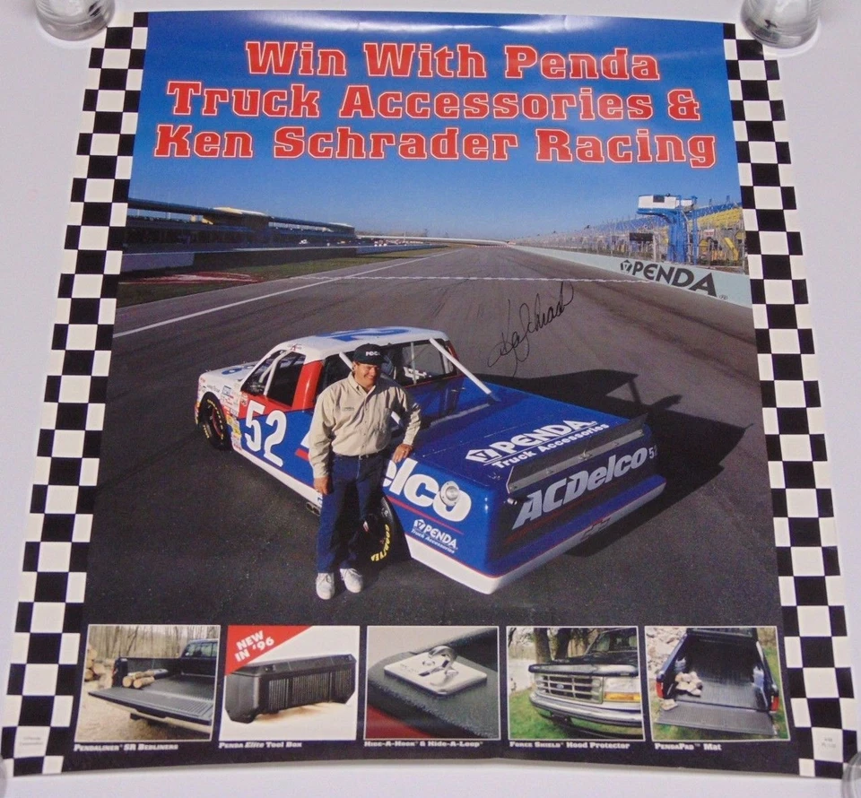 Cartel publicitario de Penda de camión NASCAR 1996 autografiado firmado por Ken Schrader y certificado de autenticidad Foto 3 de 4