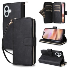 For iPhone 16 15 14 13 12 11 Pro Max XR XS Leather Wallet Zipper Flip Case Cover