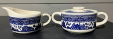 Vintage Blue Willow Short/Flat Sugar  Creamer Set W/Cover