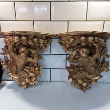 A Pair of Stunning Vintage Regency Style Gilded Wood Monkey Wall Shelves 