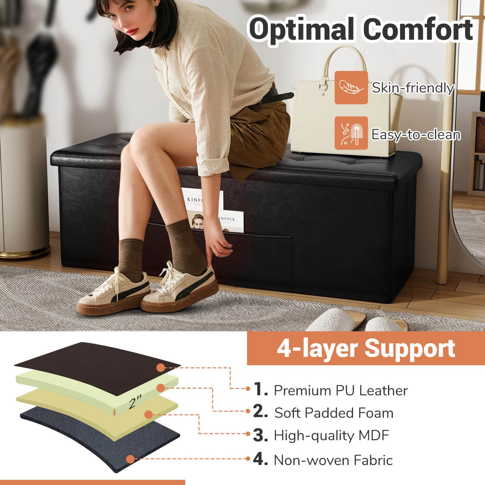 43" Folding Storage Ottoman Bench Foot Rest Stool with Side Pocket