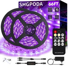 66 Foot Black Light Strip & Remote, 1200LEDs, Dimmable 12V Flexible Black Lig...