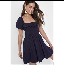 Lulus-Navy Puff Sleeve Smocked Mini Dress with Ruffle Accents, Square Neck