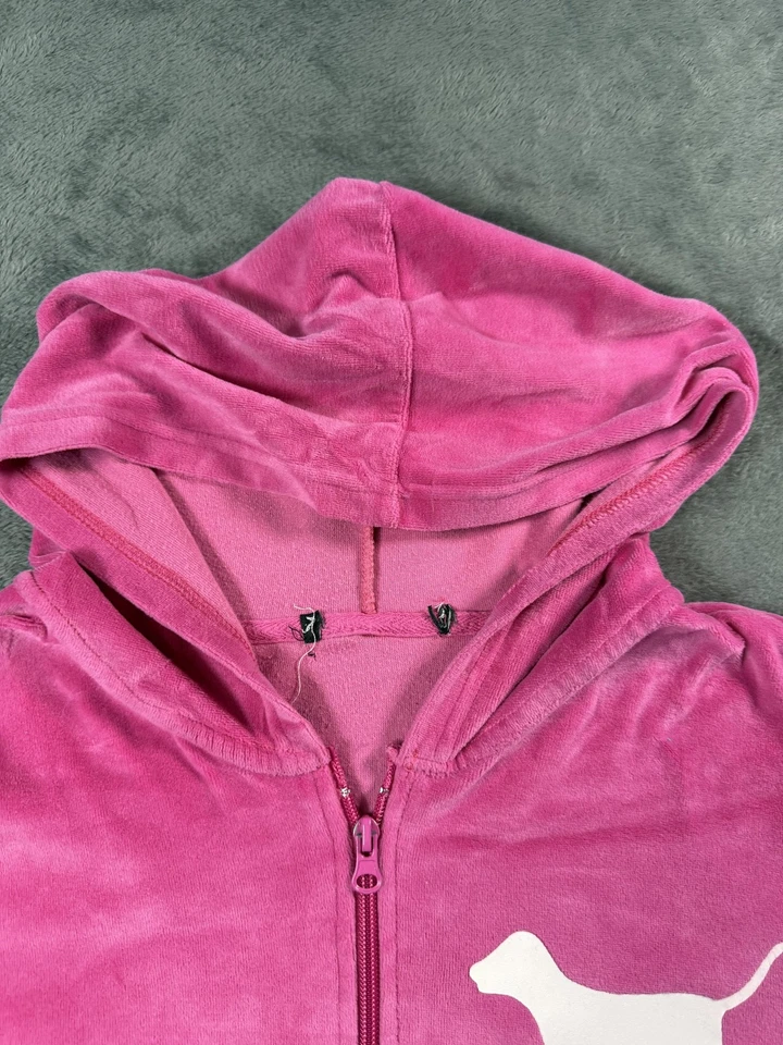 Victoria's Secret PINK Hoodie Womens Large Pink Velour Full Zip Dog 86 - Image 3 of 4
