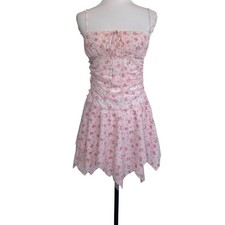 Tyler McGillivary Dress Pink Floral Ruched Spaghetti Strap Handkerchief Mini S