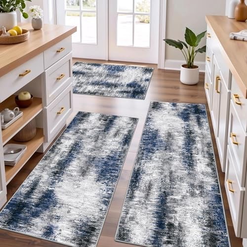  100% Non Slip Kitchen Rugs Sets of 3 Washable Kitchen Mats for Floor Abstract 