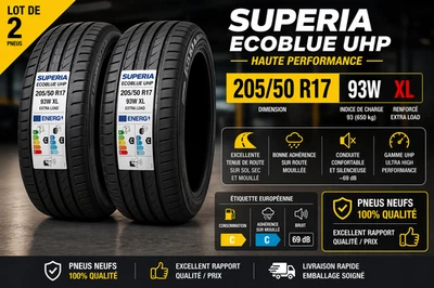 LOT DE 2 PNEUS 205/50 R17 93W XL SUPERIA ECOBLUE UHP – NEUFS – ÉTÉ – HAUTE PERFO - Photo 1/2