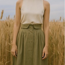 Vintage SO  EN Sage Green Button Front Midi Skirt High Waist Pleated A-Line