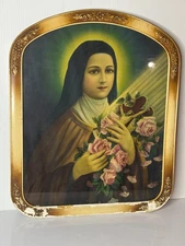Antique Victorian Gesso Frame Print Religious St Theresa of Lisieux DAMAGED 22"