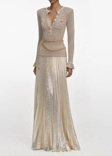 Self Portrait Gold Lurex Ribbed Knit DEFECTED Maxi Dress W/ Gold Chain Belt XS