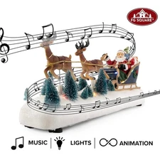 Santa In Sleigh With Reindeer Animated Lights and Music Christmas FG Square