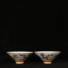 Qing Dynasty Yongzheng Falangcai Enamelled Landscape and Pavilion Design Bowls