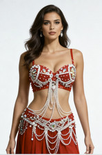 Belly Dance Costume Professional - Egyptian Style Red Bra  Belt Set with Pearl