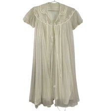 Vintage Sheer Peignoir Set Womens Medium Ivory Nightgown Robe Lace Pearl 60s