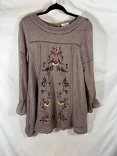 Umgee Women's SZ S Floral Embroidered Dress Brown, Multicolor Ruffle detailing