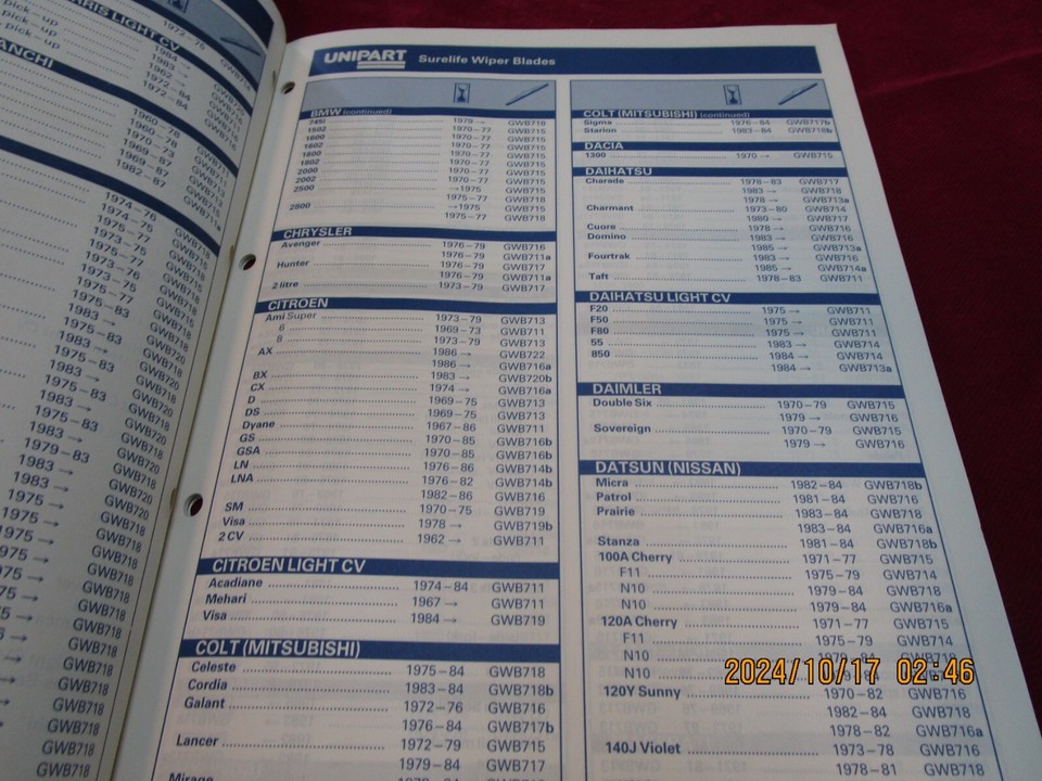 Unipart wiper blade catalog Jaguar, MG, Triumph, NOS British Leyland