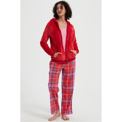 Linea Womens 3 Piece Check Hooded Lounge Set Long Sleeve Pyjama
