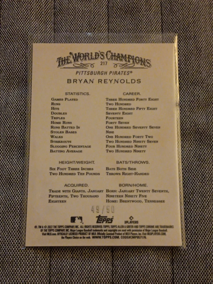 2022 Topps Chrome Allen & Ginter Bryan Reynolds Gold Refractor 49/50 - Image 3 of 4