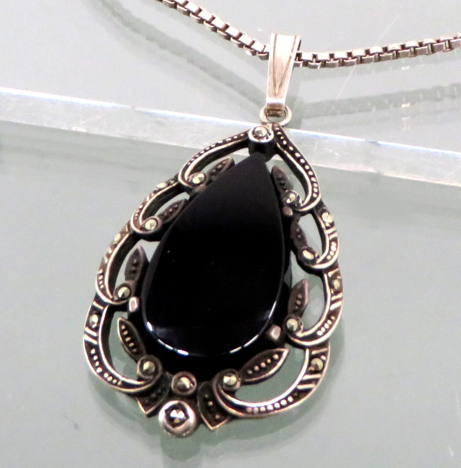 Art Deco Stile Onice Ciondolo Argento Marcasiti°925 Sterling Silver Con Catena - Immagine 4 di 4