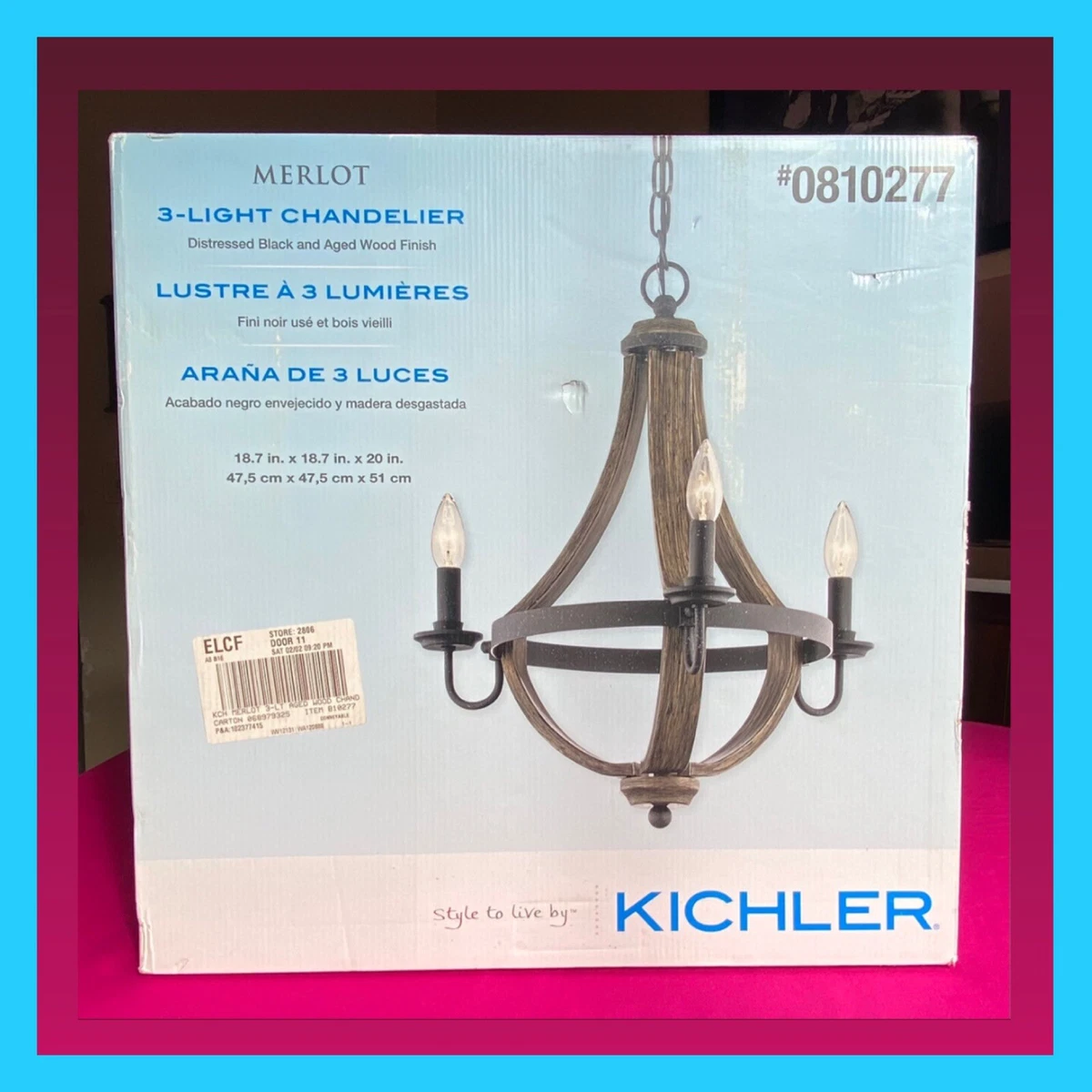 Kichler Merlot 3 Light Distressed Black and Wood Chandelier