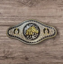 Cowboy/Charro Belt Buckle - Horse Head/Horse Shoe 6.5"x3.25" Silver/Black/Gold