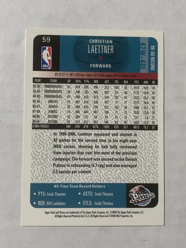 2000-01 Upper Deck Victory Basketball- #59 Christian Laettner - Image 2 of 2