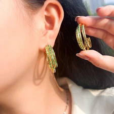 Gold Plated Green Cubic Zirconia Triple Circle Big Hoop Earrings for Women Party