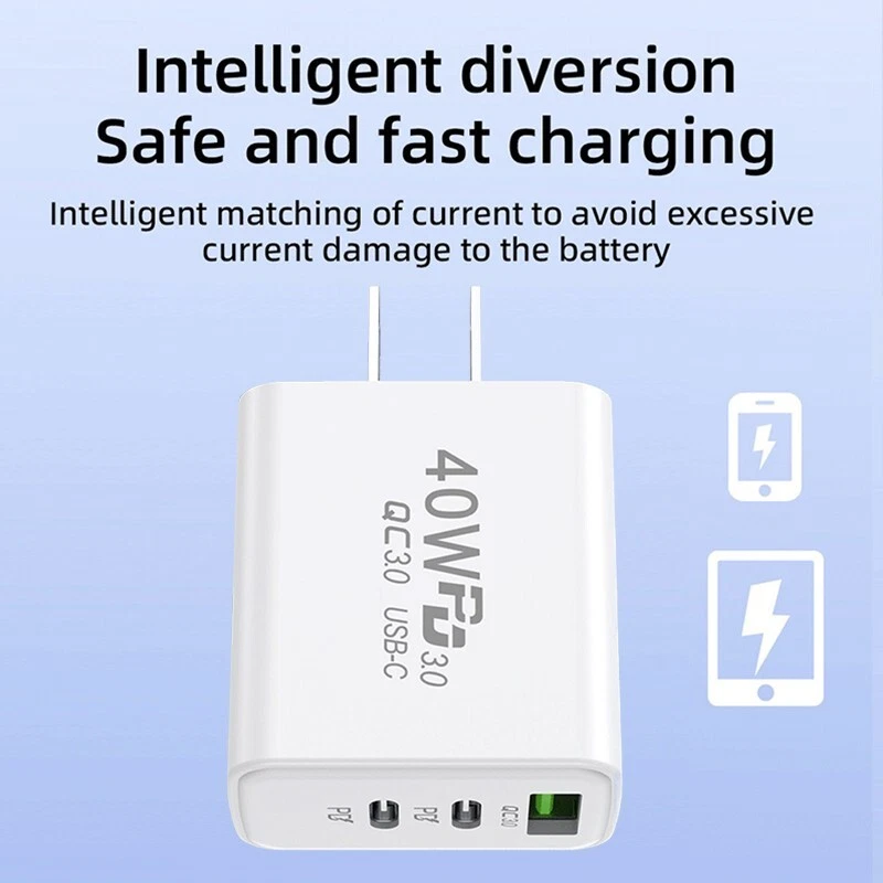Bloque Cargador de Pared Rápido USB C 40W 3 Puertos Tipo-c Cargador Para Todos los Teléfonos Celulares iPad Foto 3 de 4