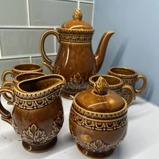 Vintage Norleans Japan Tea Set Brown Glazed Embossed Leaf Pattern