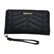 Steve Madden Wristlet Black Leather Card Cash Wallet S/M Quilted Pebbled Logo