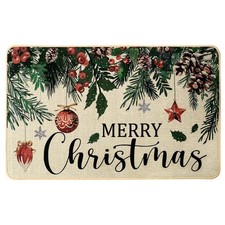 Merry Christmas Doormat 17 x 29 Inch, Pine Cone Holly Berry Leaves Holiday De...