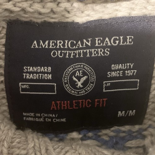 American Eagle Sweater Men MED Beige Blue Fair Isle Shawl Collar Heritage Dad - Picture 9 of 18