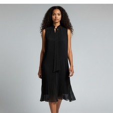 DKNY Pleated Shift short Dress Women's 2 Black Ruffle Tie Neck Sleeveless