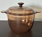 Vtg. Pyrex VISION Corning France 3.5 L/3.7 QT Amber Pot w Lid Glass