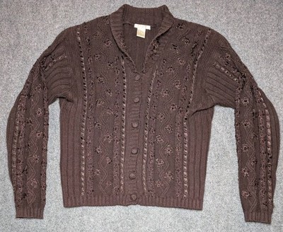 XXist Women's Medium Cable Knit Brown Button Up Sweater Floral Ribbon Yarn Y2k