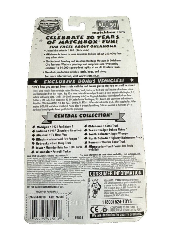 Matchbox Across America Oklahoma Dodge Cattle Truck Central Collection Gift NEW - Image 4 of 4