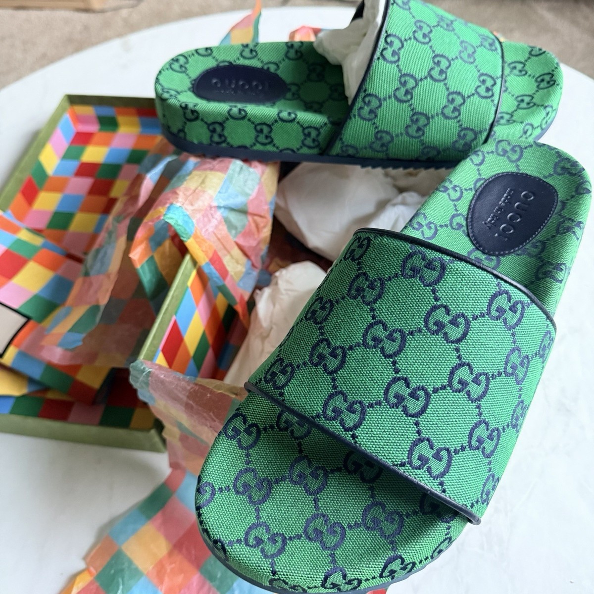 Gucci Monogram GG Canvas Slide Green Sandals Men | eBay