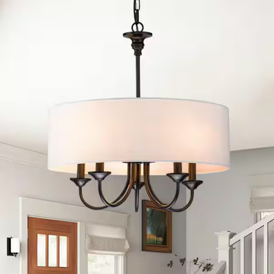RRTYO Parrett 5-Light Black Farmhouse Cluster Chandelier with White Cloth Shade