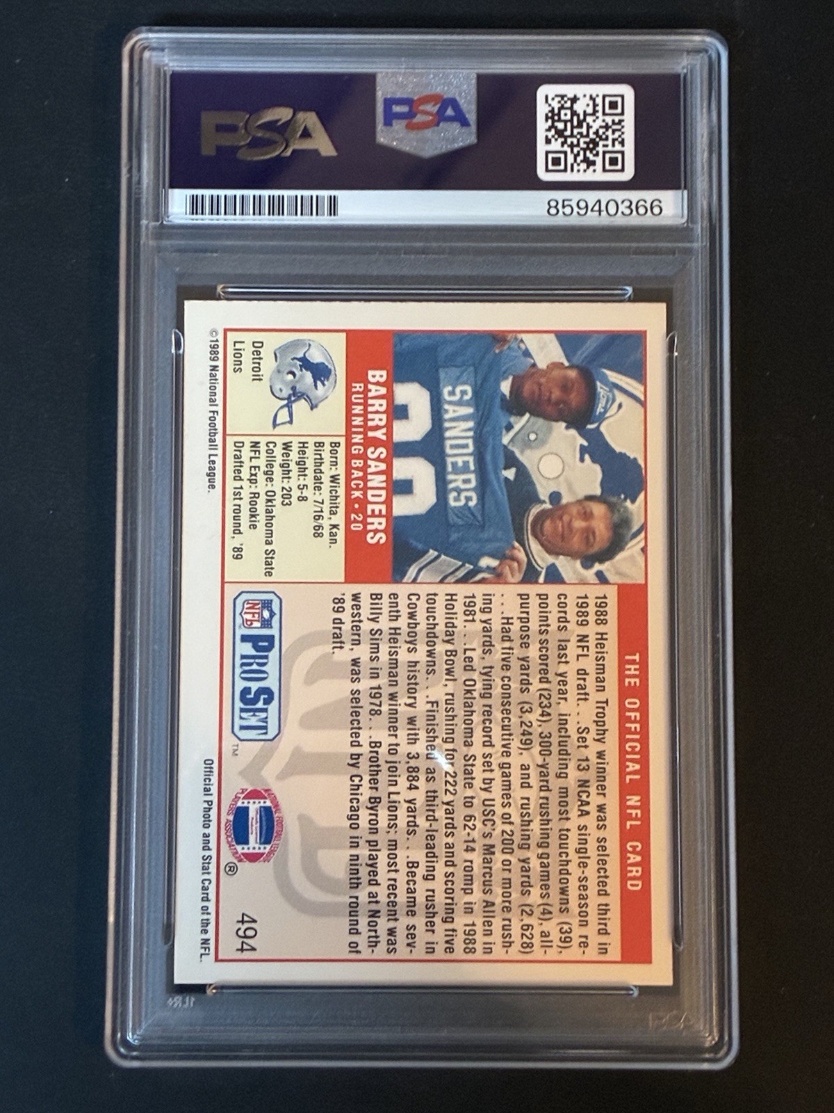Barry Sanders Rookie Auto 1989 NFL Pro Set #494 Hand Signed RC Graded PSA DNA view 2