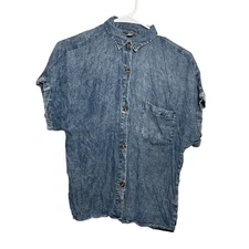 J For Justify Blouse Women's Small Blue Button Up Collared Short Sleeve Shirt