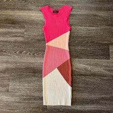 EUC MINKPINK Vita Knit Pink Colorblock Ribbed Bodycon Midi Dress Sleeveless Sz L