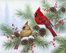Cardinals in Pinecones Quilt Panel ~ 36" x 44" ~ Winter, Holiday Fabric