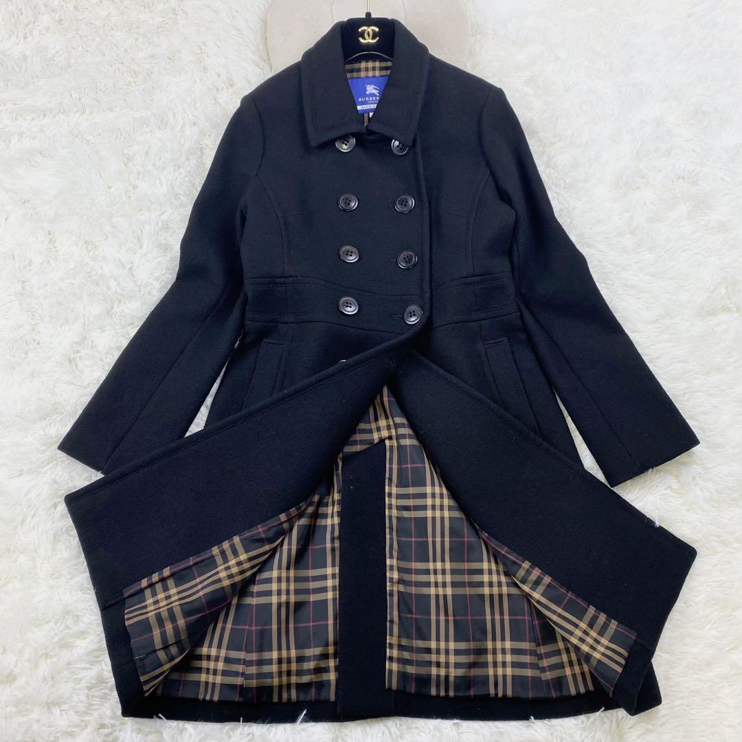 BURBERRY BLUE LABEL A-Line Coat Nova Check Double Logo Button Black 40  #D2711A