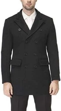 NEW Black HXW.GJQ Slim Fit Wool Blend Double Breasted Long Winter Pea Coat Men L